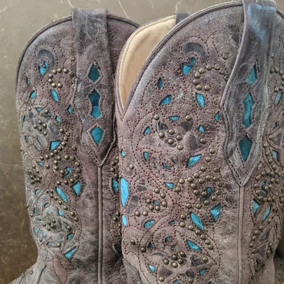 CORRAL A1149 brown studded leather cowgirl western boots turquoise inlay sz 7 - Picture 10 of 16